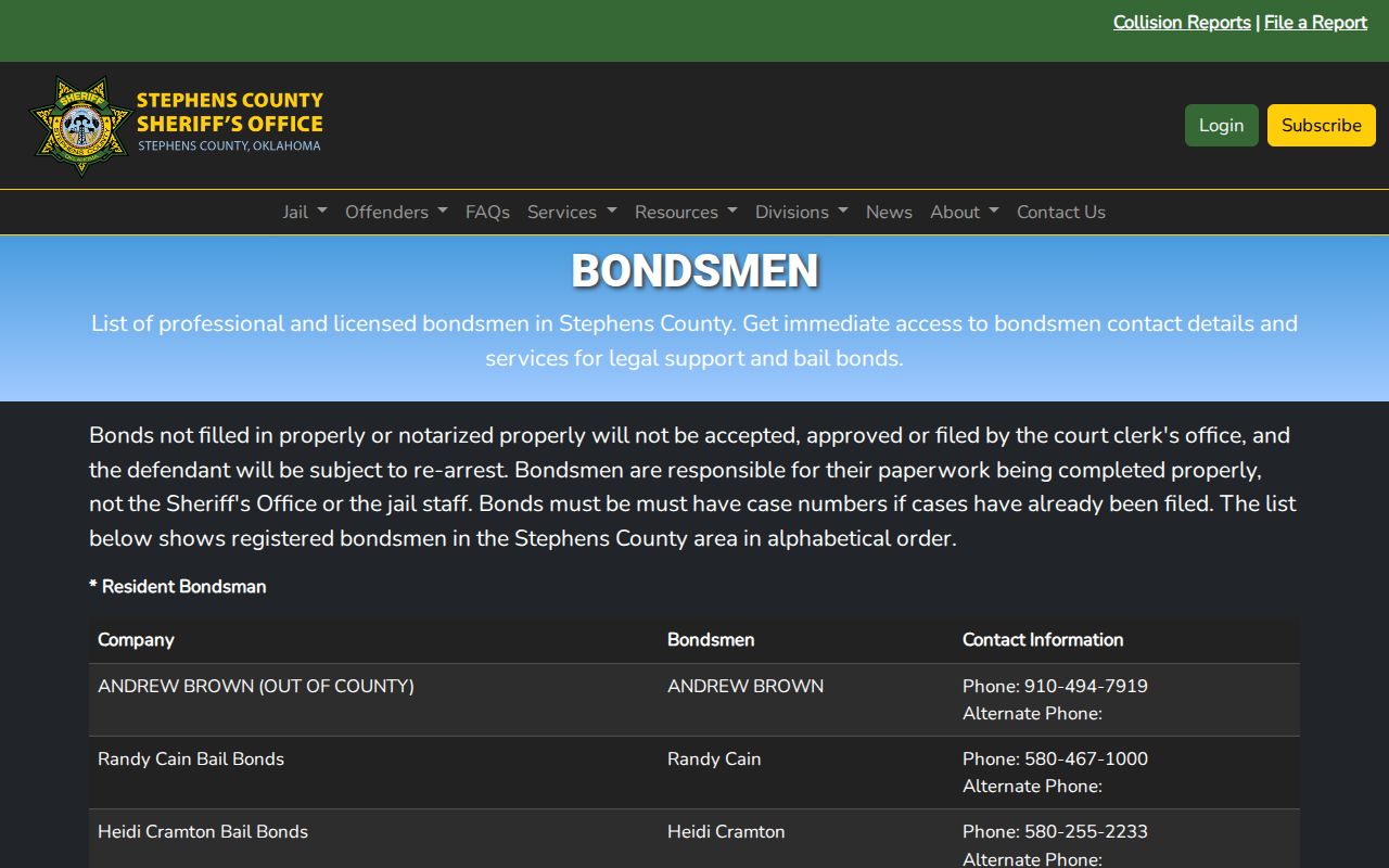 Stephens County Sheriff registered bondsmen information page