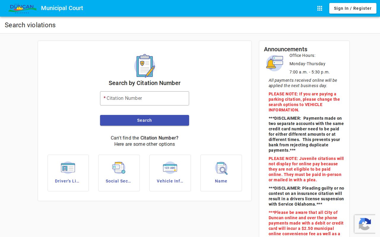 Duncan municipal citation search fields