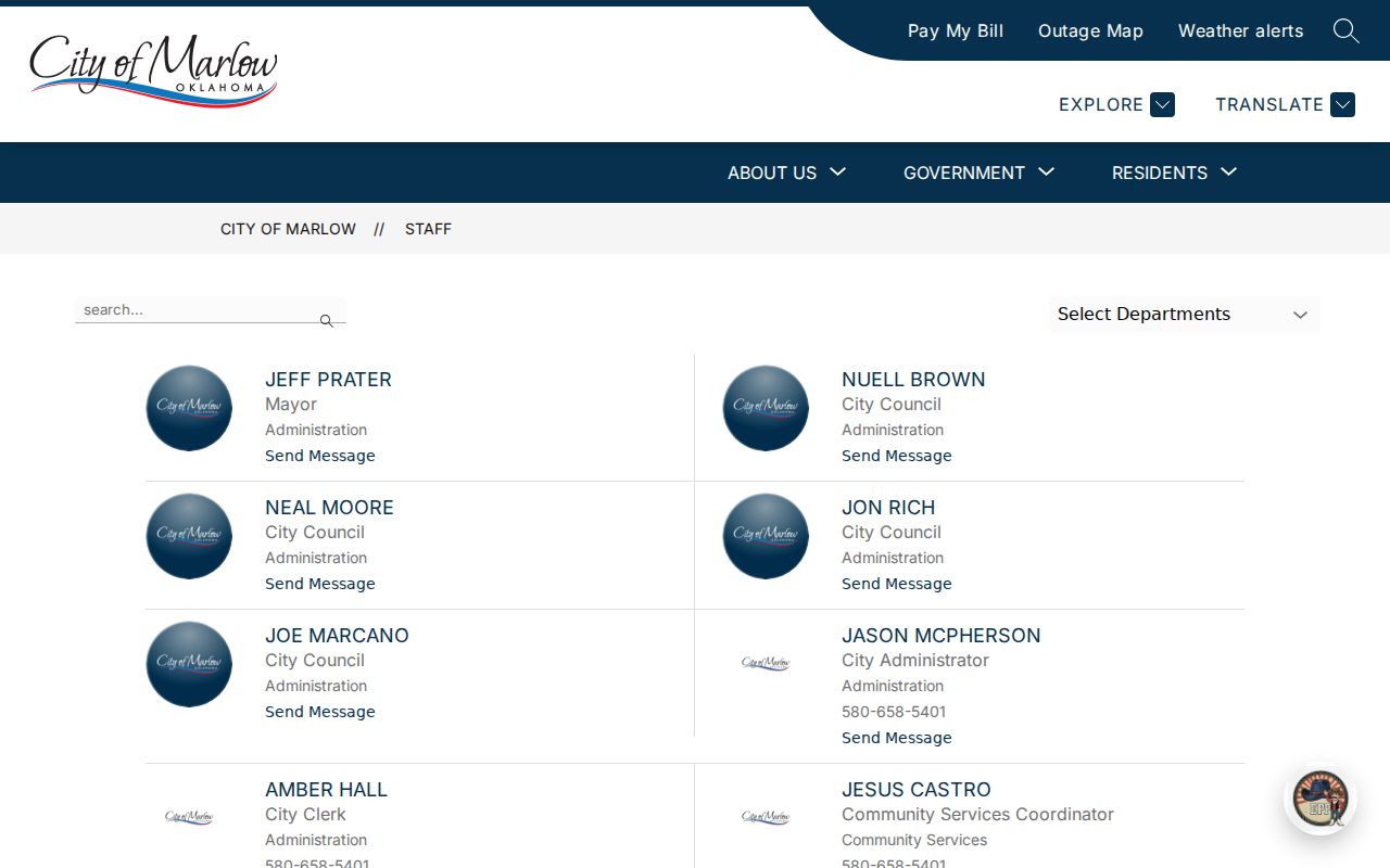Marlow staff directory listing the Court Clerk