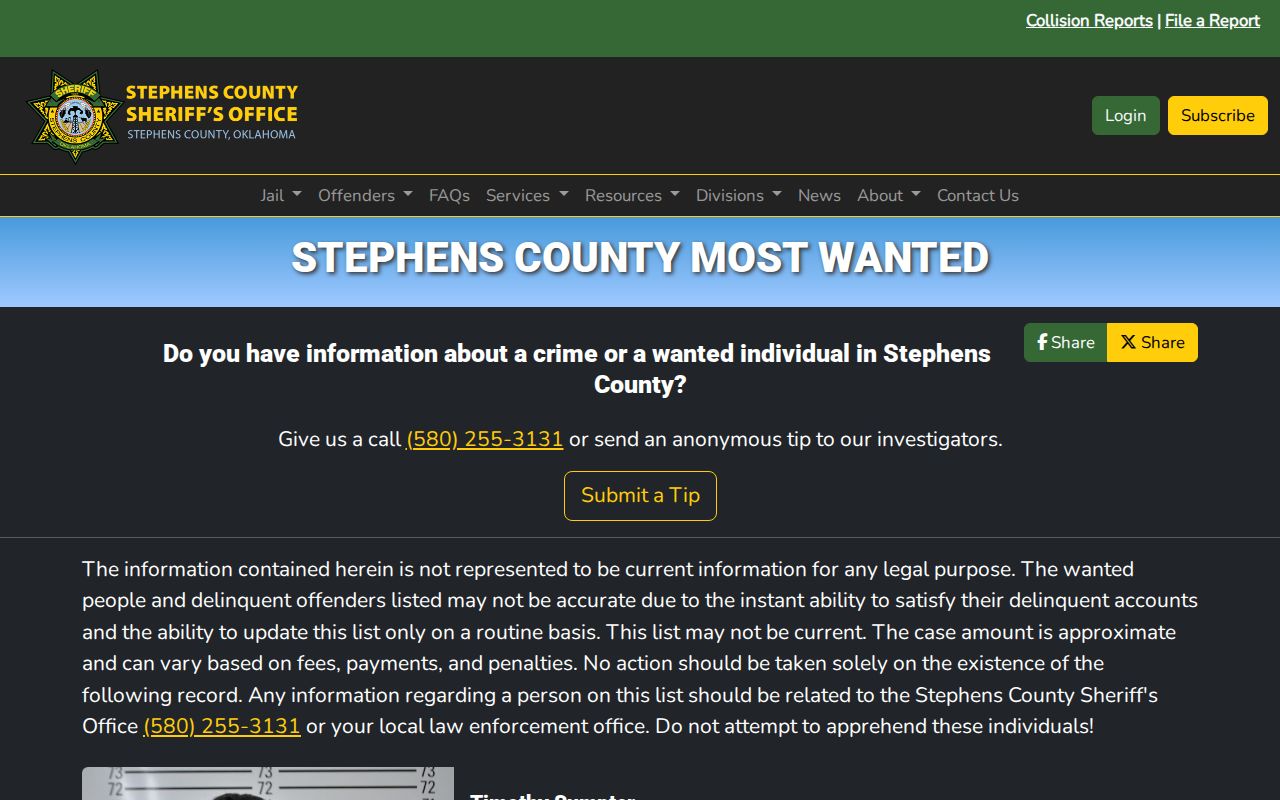 Stephens County Sheriff Most Wanted program interface and disclaimer