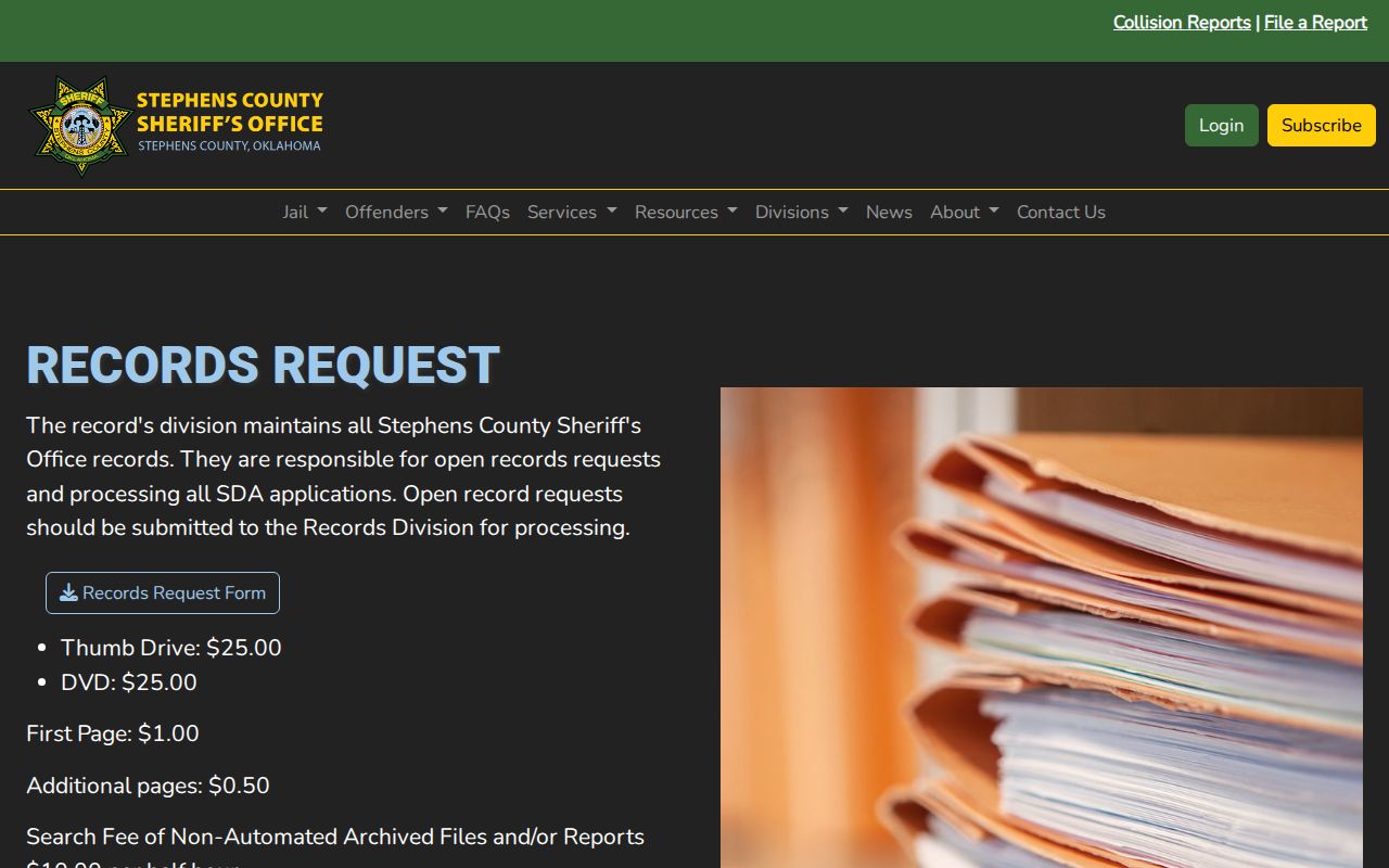 Stephens County Sheriff records request form interface